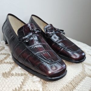 Sesto Meucci Elegant Burgundy Black Crocodile Pattern Penny Loafers 8.5 N Narrow